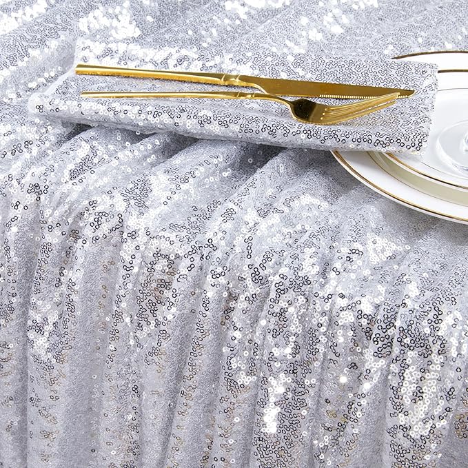 QueenDream Sequin Tablecloth 90x132 Inches Rectangular Silver Table Cloth - Image 3