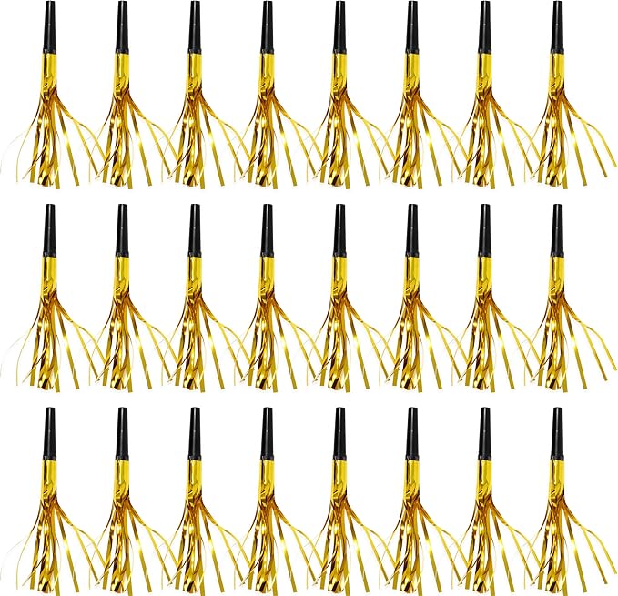 50 Pcs Metallic Fringed Party Blowers Noise Makers Gold Black Blowout Whistle by GiftBoutique