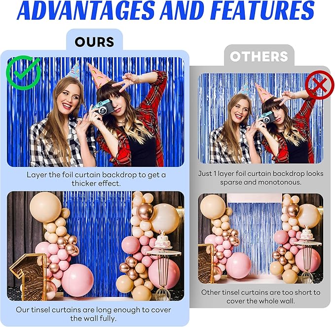 BTSD-home Blue Foil Fringe Curtain, Metallic Photo Booth Backdrop Tinsel Door - Image 4