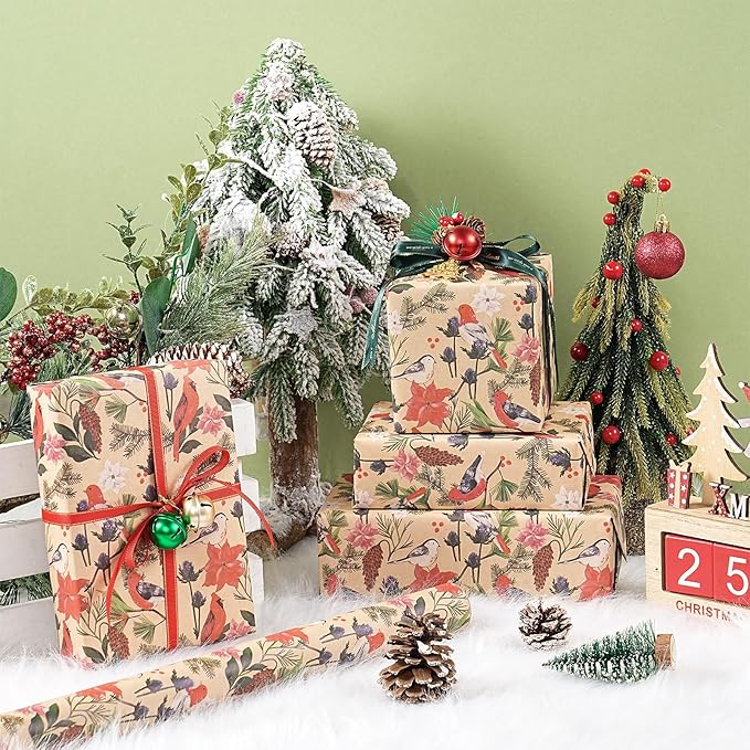 RUSPEPA Kraft Christmas Wrapping Paper Roll, Mini Roll, Watercolor Bird and - Image 3