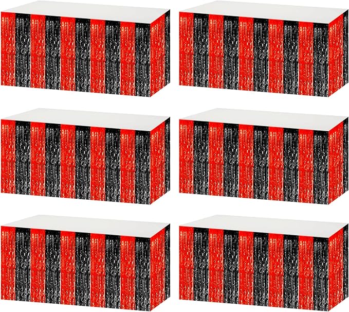 6 Pack 29x108 Inch Black Red Metallic Foil Fringe Tinsel Table Skirts by AIKENLIN