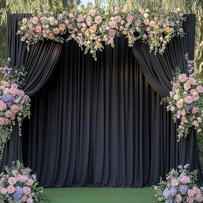 10ftx14FT Wrinkle Free Black Backdrop Curtain, 2 Panels 14FT Height Black - Image 3