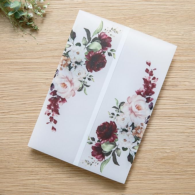 PONATIA 50 PCS Vellum Jackets for 5x7 Invitations- 135gsm Burgundy Floral by ponatia