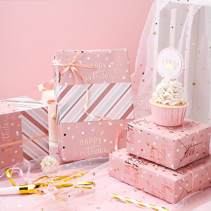 LeZakaa Reversible Pink Birthday Wrapping Paper Roll - Image 4
