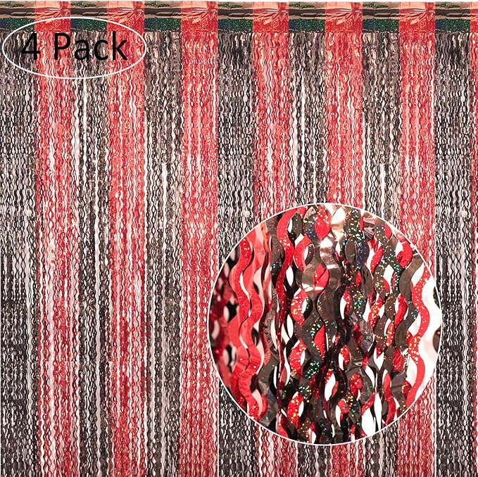 4 Pack 3.3x6.6 ft Red and Black Foil Fringe Backdrop Curtains - Image 2