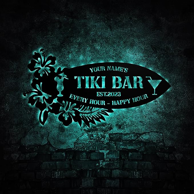 Personalized Tiki Bar Decor LED Tin Metal Sign Wall Art, Backyard Grill Pool - Image 3