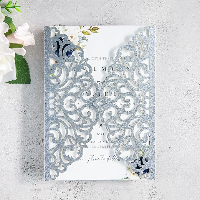 20Pcs Silver Glitter Laser Cut Invitation Cards - Image 2