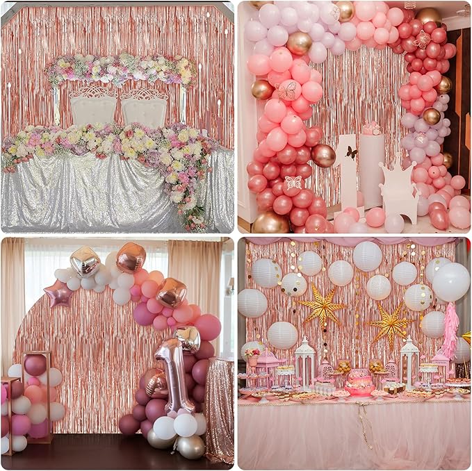 Crosize 4 Pack 3.3 x 9.9 ft Rose Gold Foil Fringe Backdrop Curtain, Streamer - Image 7