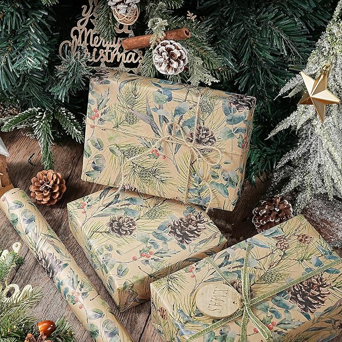RUSPEPA Kraft Christmas Wrapping Paper Roll, Mini Roll, Watercolor Pinecone and - Image 4