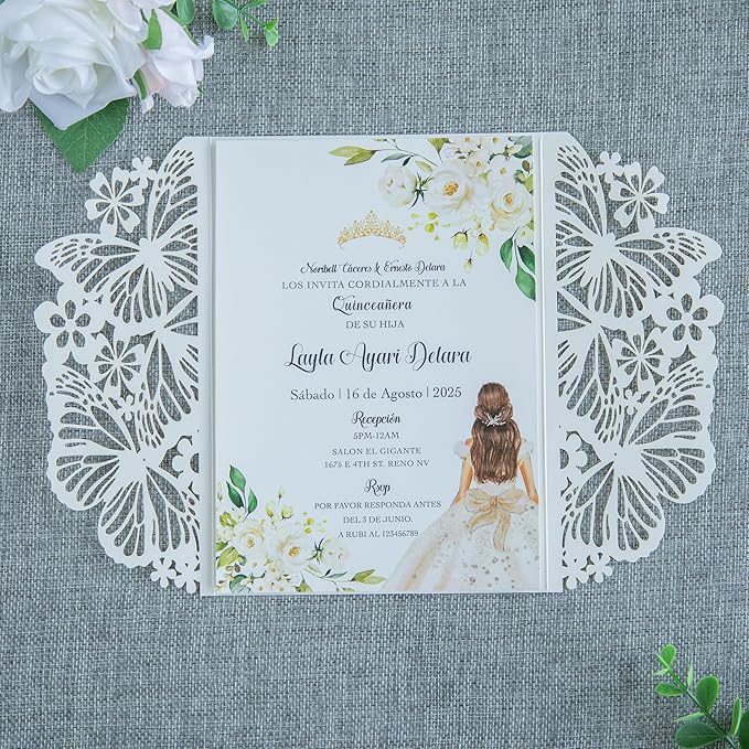 20 PCS 5.12x7.2 Butterfly Quinceanera Invitation, Laser Cut Wedding Invitation - Image 5
