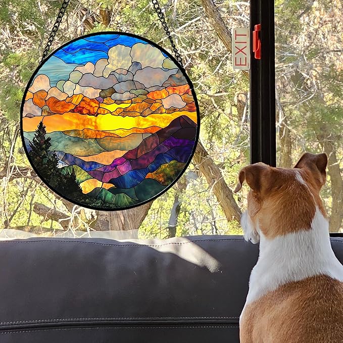 Stained Glass Window Hanging, Abstract Clouds Mountains Landscape Suncatcher - Image 4