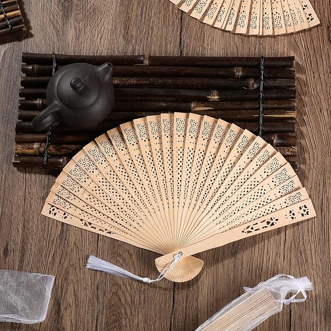 Qunclay 60Pcs Wooden Hand Fans Folding Wedding Fans - Image 6