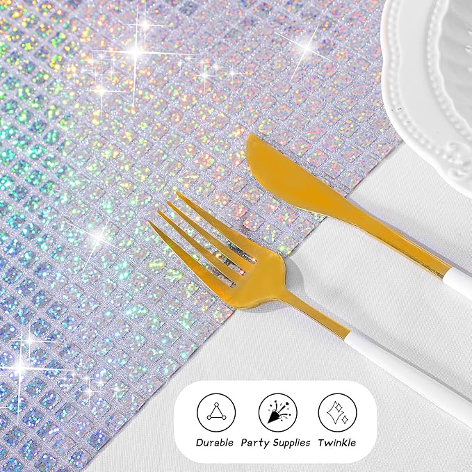 Durony 2 Pack Disco Table Runner 11 x 108 Inch Mirror Silver Laser Glitter Foil - Image 5