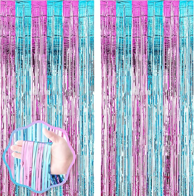 2 Pack 3.3x8.2 Feet Blue and Pink Foil Fringe Backdrop Curtains, Tinsel by Voircoloria