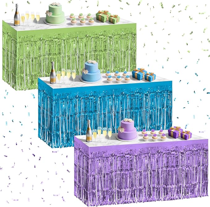 3 Pack Blue Green Purple Table Skirts, 29x108" Metallic Foil Tinsel Fringe by Unknown