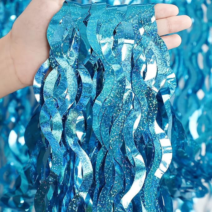 3 Pack 3.3 ft x 6.6 ft Teal Foil Fringe Curtains - Image 2