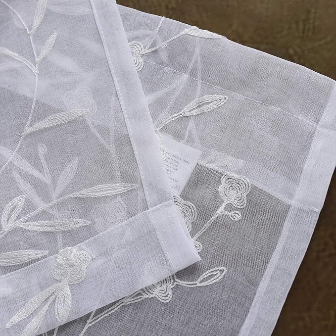 White Sheer Curtains Embroidery 63 Inch Length Rod Pocket Voile Drapes - Image 5