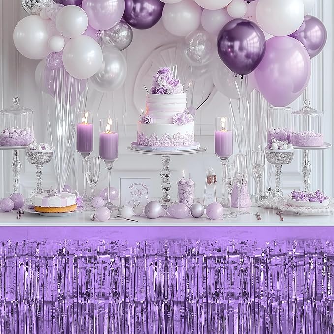 2 Pack Light Purple Table Skirts, 29x108" Metallic Foil Tinsel Fringe Table - Image 5