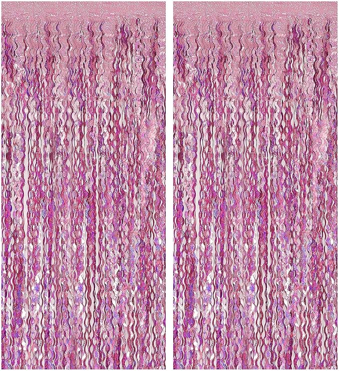 Pink Streamers Fringe Backdrop Tinsel Foil Fringe Curtains Wavy Backdrop by BOMSI