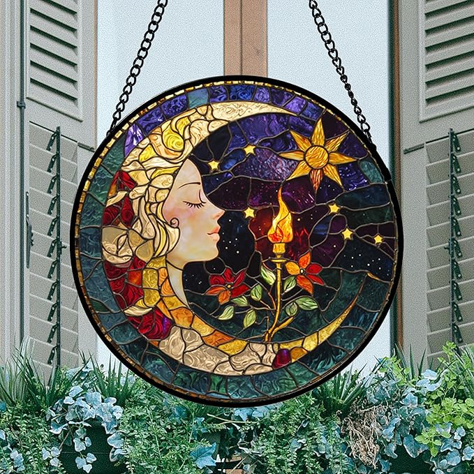 Stained Glass Window Hanging, Moon Goddess Torch Suncatcher Diamond Glass Panel - Image 3