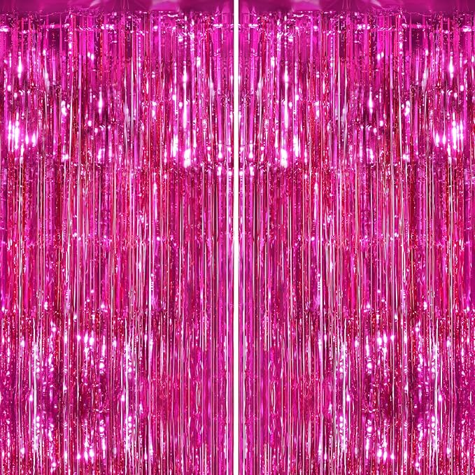 2Pack Hot Pink Metallic Tinsel Foil Fringe Curtains Backdrop by GCBPartyDecorations