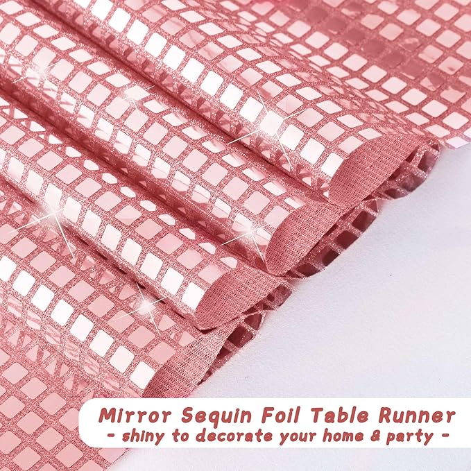 Durony 2 Pack Disco Table Runner 11 x 108 Inch Mirror Rose Gold Glitter Foil - Image 4