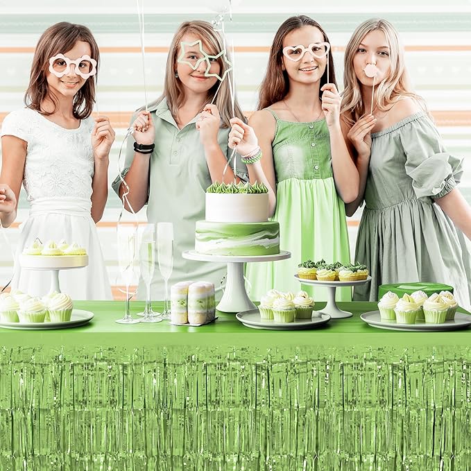 2 Pack Light Green Table Skirts, 29x108" Metallic Foil Tinsel Fringe Table - Image 6