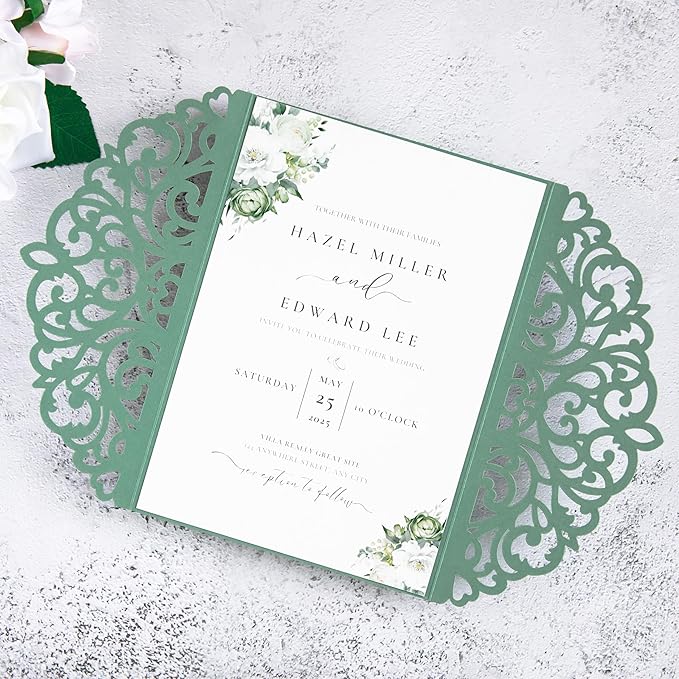 20Pcs Sage Green Laser Cut Invitation Cards - Image 8