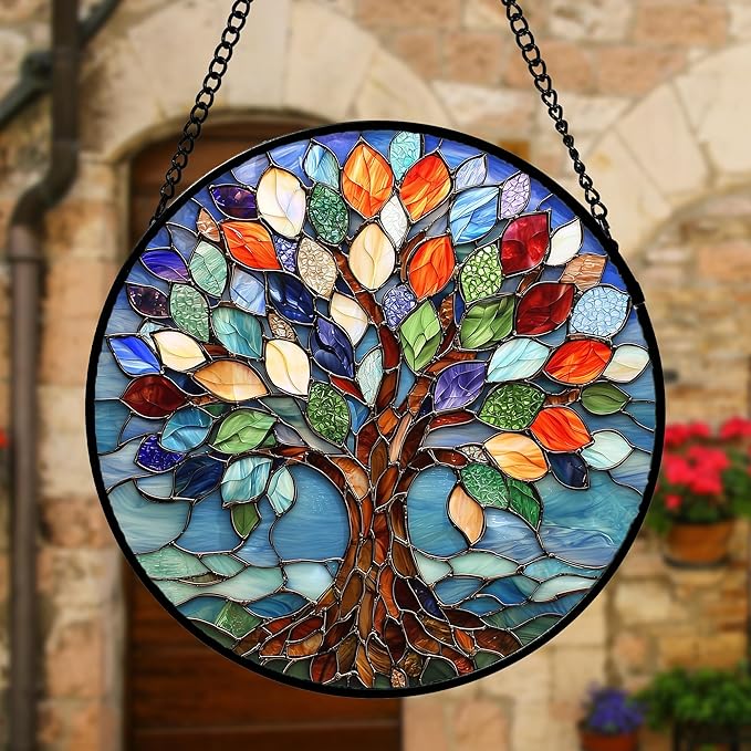Stained Glass Window Hanging, Colorful Tree of Life Sun Catchers Glass Panel - Image 4
