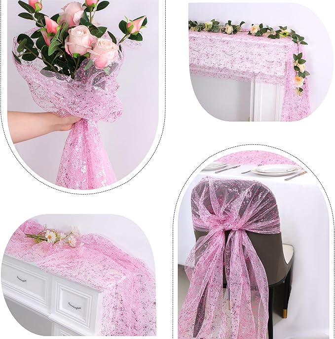 Snowkingdom 10 FT Pink Table Runner, Sequin Glitter Sheer Chiffon Gauze - Image 8