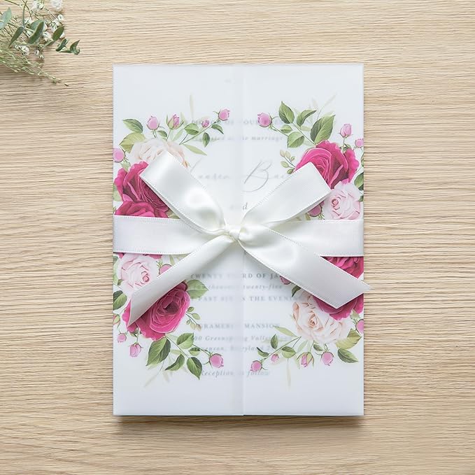 PONATIA 50PCS Vellum Jackets for 5x7 Invitation Cards- 135GSM Fuchsia Flowers - Image 9