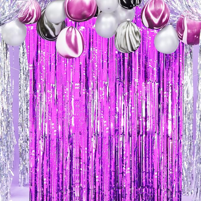 2 Pack Purple Tinsel Foil Fringe Curtains, Metallic Tinsel Party Streamers - Image 9
