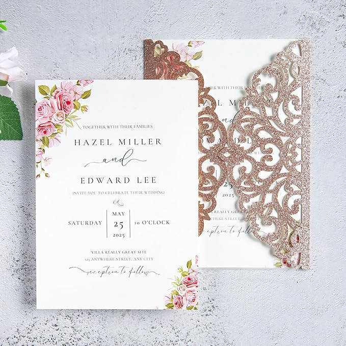 20Pcs Rose Gold Glitter Laser Cut Invitation Cards - Image 7
