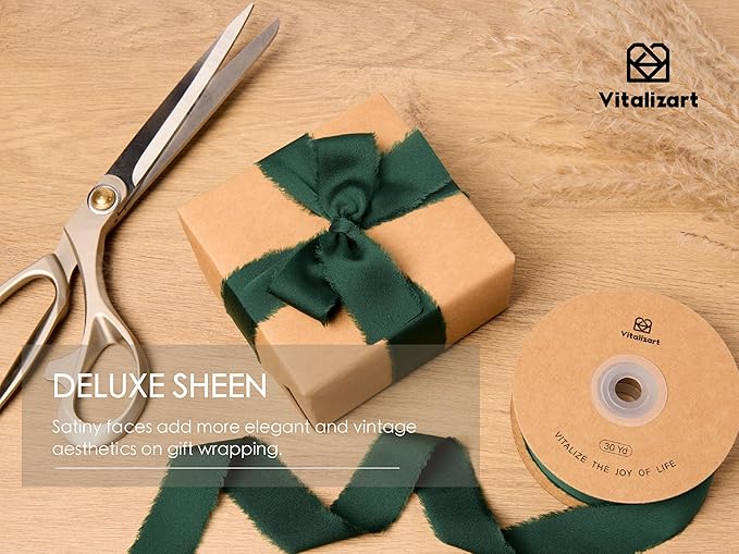 Vitalizart Silk Like Satin Ribbon 1 inch x 30 Yard Dark Green Handmade Frayed - Image 5