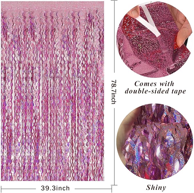 Pink Tinsel Foil Fringe Curtains Wavy Backdrop - Image 2