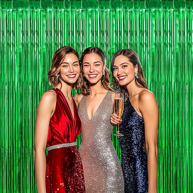 BTSD-home 10 Pack Green Foil Fringe Curtain, Metallic Photo Booth Backdrop - Image 3