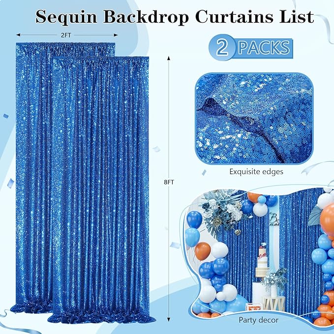 Royal Blue Backdrop Curtain Panels 2 Pieces 2ftx8ft Sequin Party Background - Image 4