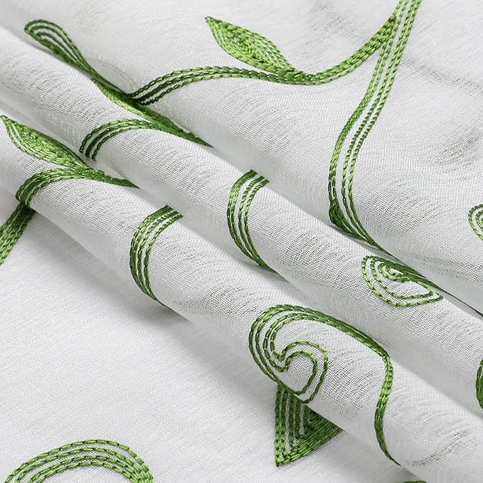 VISIONTEX Embroidered Green Sheer Voile Curtains, Leaves Embroidery Faux Linen - Image 4