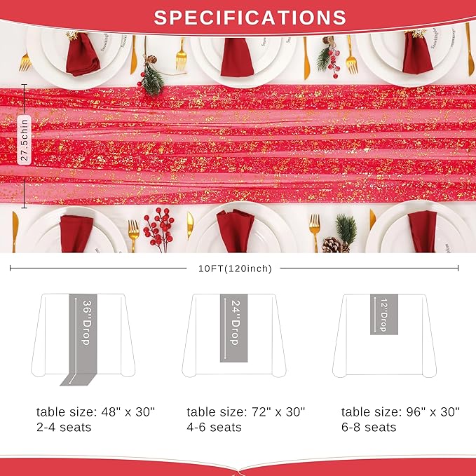 Snowkingdom 10FT Red Gold Table Runner, Sequin Glitter Sheer Chiffon Gauze - Image 6