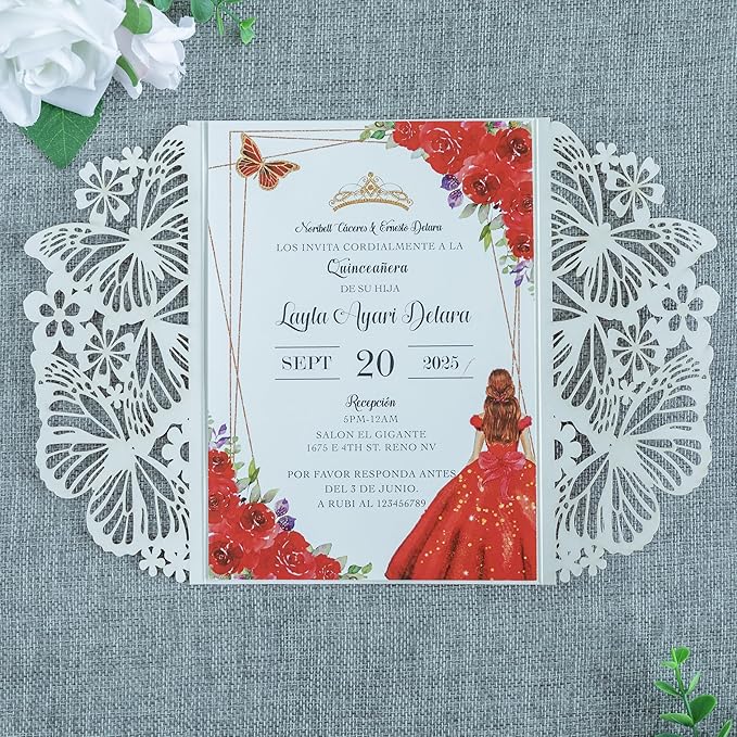 20 PCS 5.12x7.2 Butterfly Quinceanera Invitation, Laser Cut Wedding Invitation - Image 5