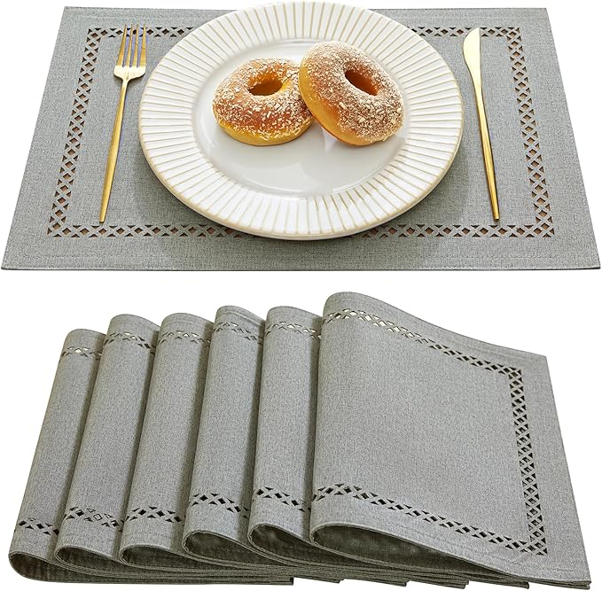 Burlap Placemats Set of 6, 12 x 18 Inch Rustic Geometric Hollow Place Mats by Aoztio