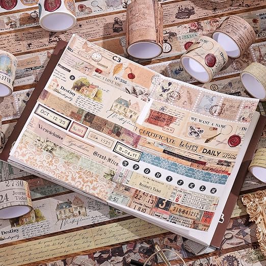 34 Rolls Vintage Washi Tape Set, Letter Map Stamp Stripe Literature Art - Image 7