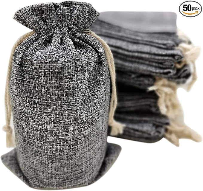 50 Gray Burlap Bags with Drawstring, 5x8 Inch Gift Bag Bulk Pack by SupplyFriend