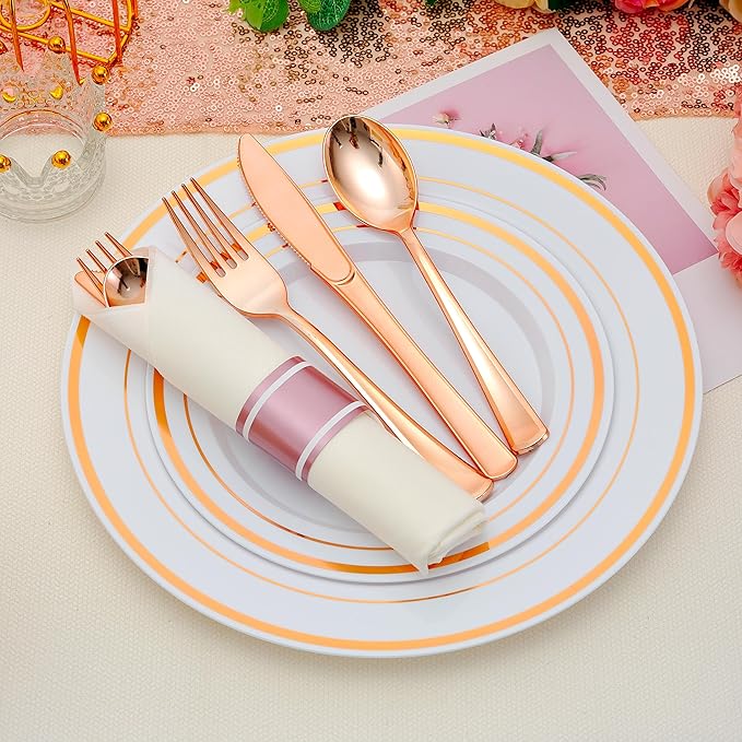 100 Pack Pre Rolled Rose Gold Plastic Silverware Set - Image 4