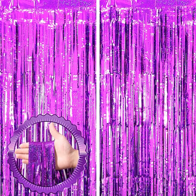 2 Pack Purple Tinsel Foil Fringe Curtains, Metallic Tinsel Party Streamers by Voircoloria