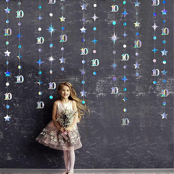 Iridescent 10th Birthday Decorations Number 10 Circle Dot Twinkle Star Garland - Image 3