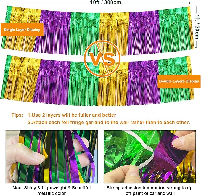 4 Pack 10 Feet Green Gold Purple Foil Fringe Garland Metallic Tinsel Streamers - Image 3