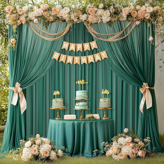 10ft x 10ft Emerald Green Backdrop Curtains, Wrinkle-Free Sheer Chiffon Fabric - Image 7