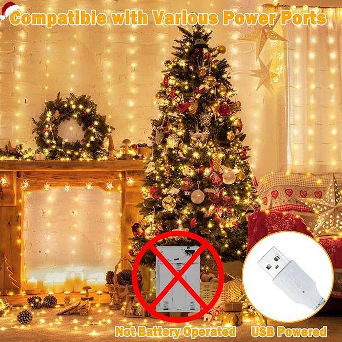 Ollny Silver Copper Wire Fairy Lights Curtain 200 LED 6.6x6.6ft, USB Warm White - Image 2