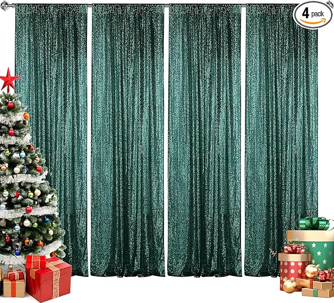 Sugargirl Dark Green Sequin Backdrop Curtain 4 Panels 2FTx8FT Glitter Dark by Sugargirl